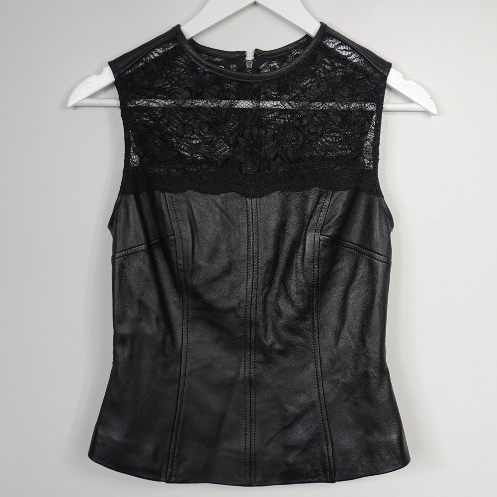 Bebe Black Leather & Lace A-Line Sleeveless Top